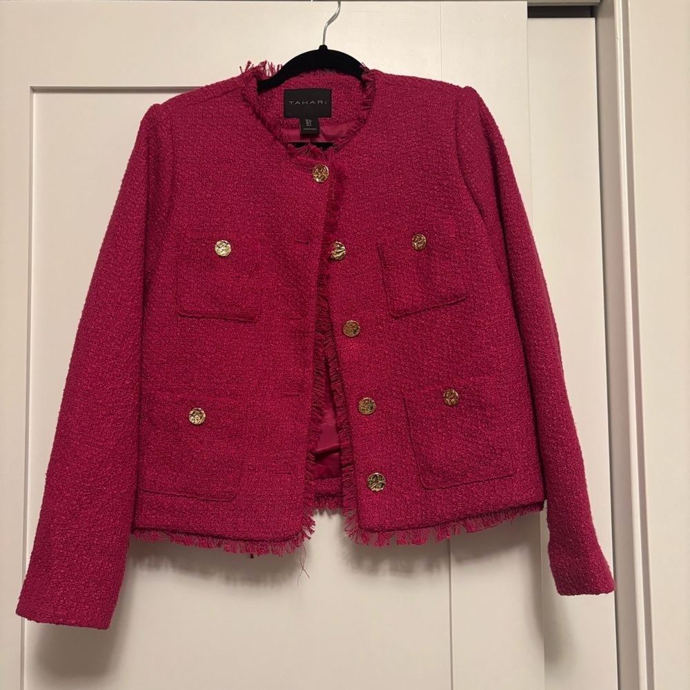 Tahari Fuchsia Textured Blazer with Gold Buttons